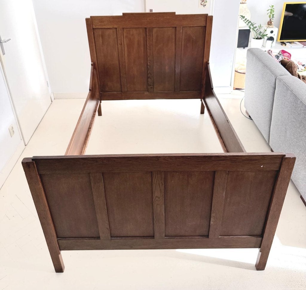 Antiek eikenhouten ledikant, twijfelaar, Ophalen, Gebruikt, Bruin, 190 cm of minder