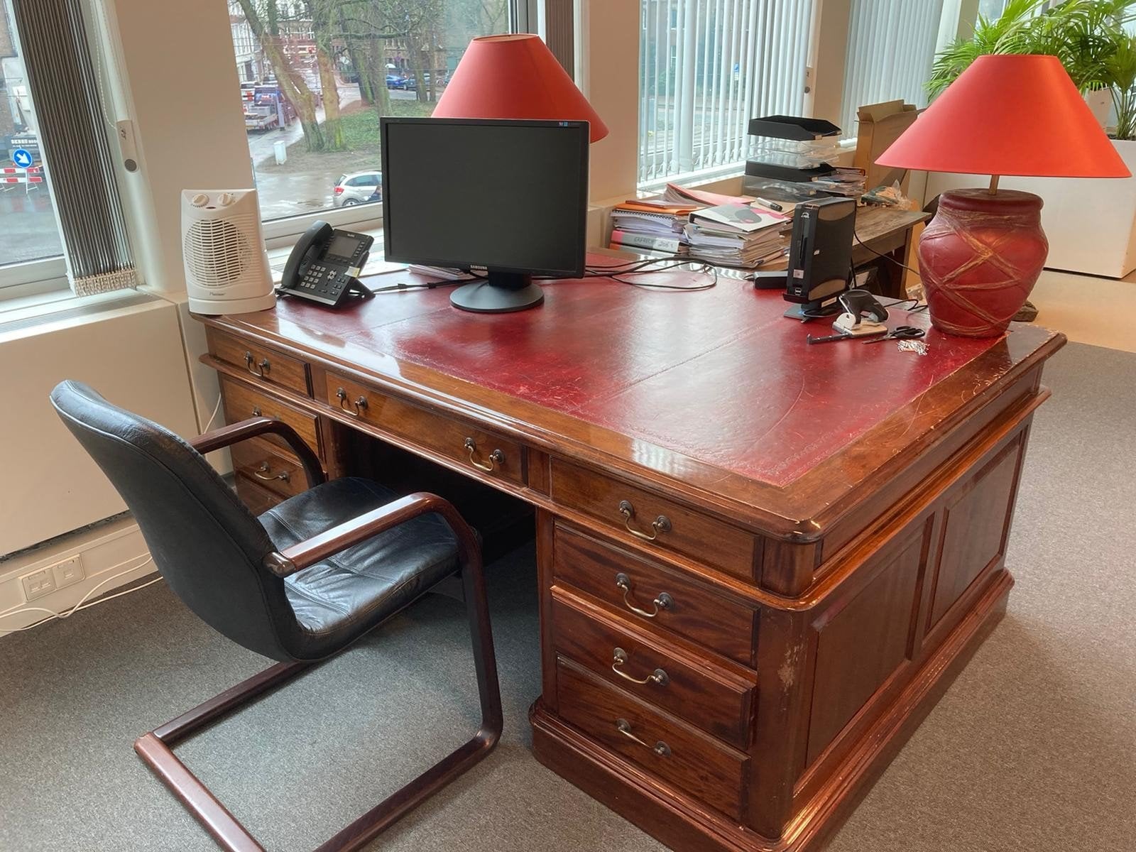 Mahoniehouten duo Bureau/partnerdesk met Leren Blad, Ophalen, Gebruikt, Hout, Antiek
