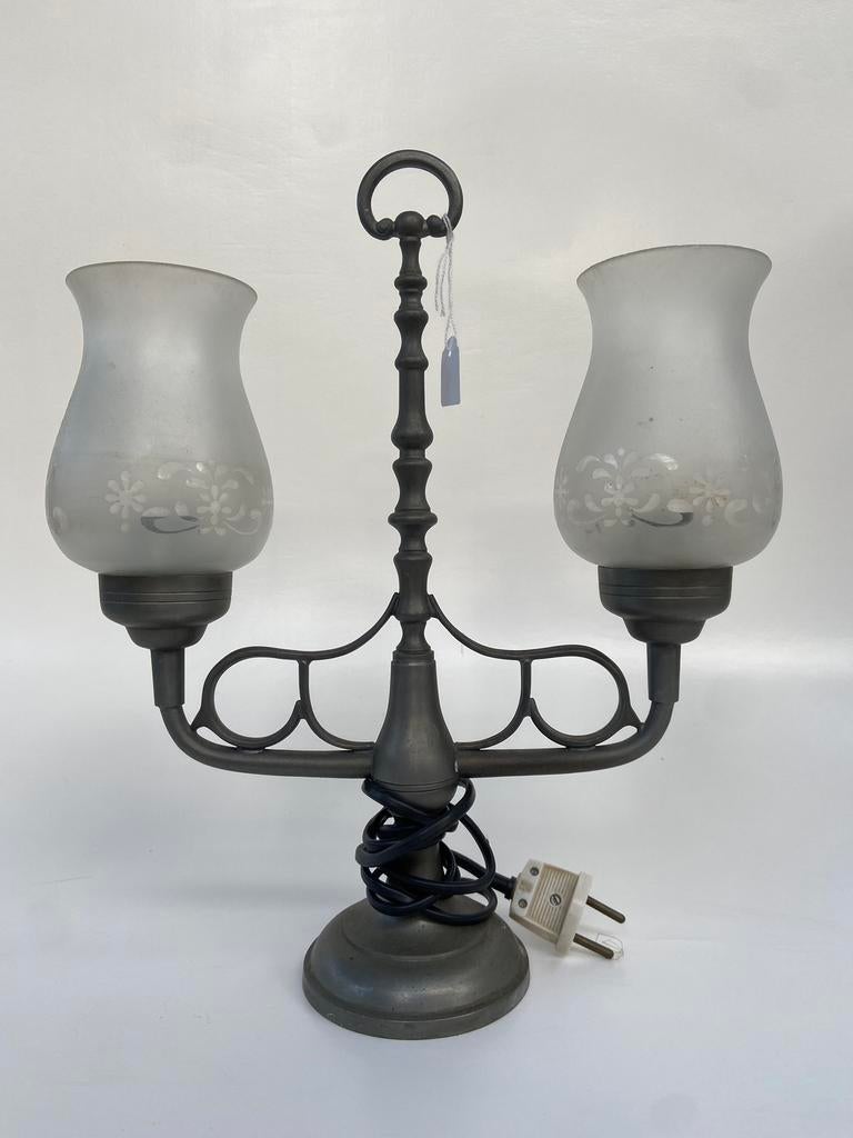 Tinnen tafellamp met 2 glazen kelken, Antiek en Kunst, Antiek | Tin, Ophalen of Verzenden