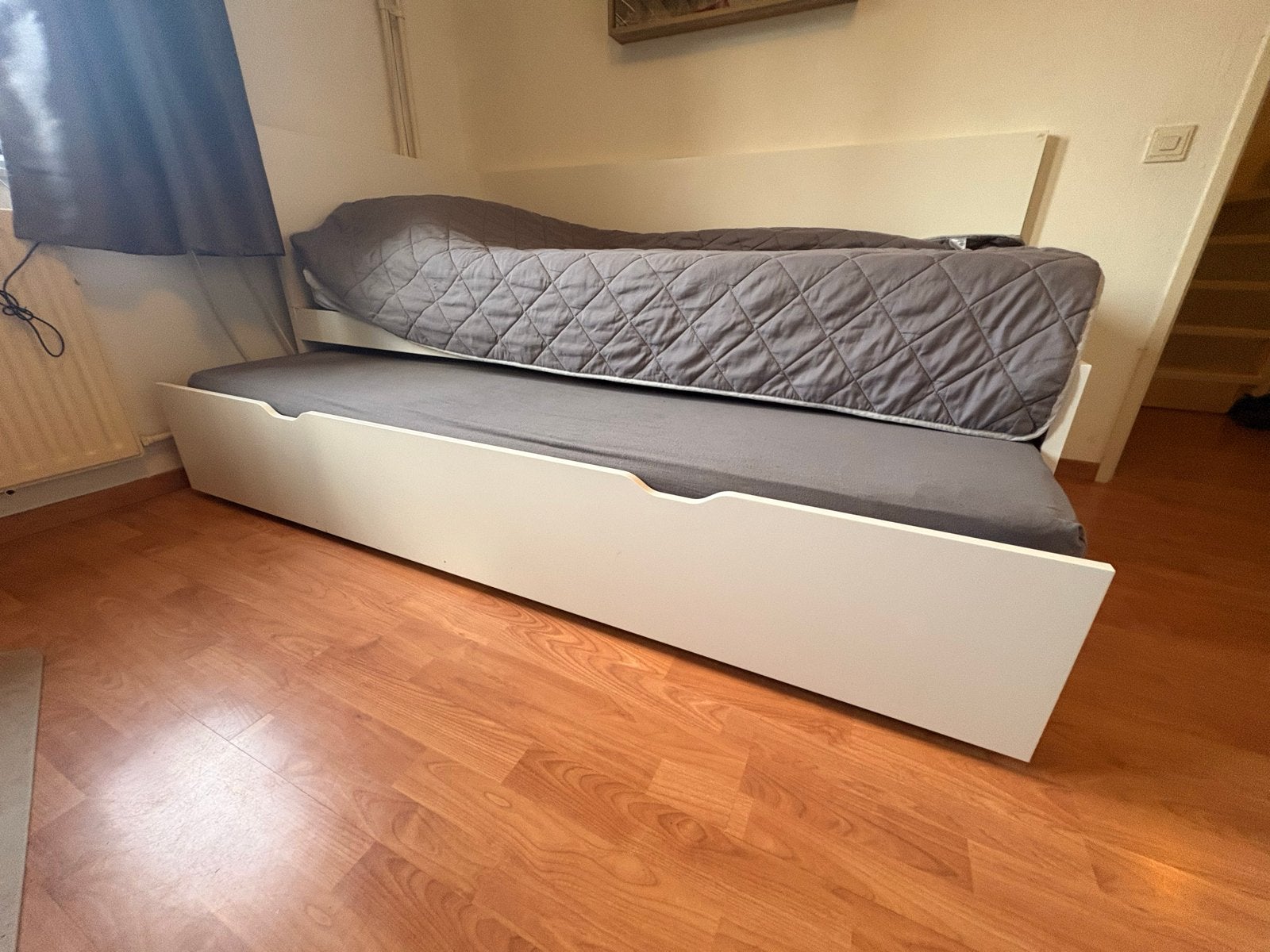 Gratis bed met onderschuifbed en opberg-hoofdeinde, Ophalen, 90 cm, Wit, Tweepersoons