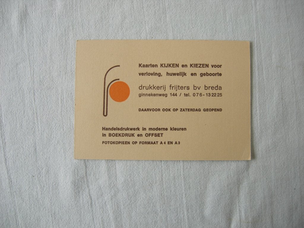 Visitekaartje kalender Drukkerij Frijters Breda, Verzenden, Gebruikt, Overige typen