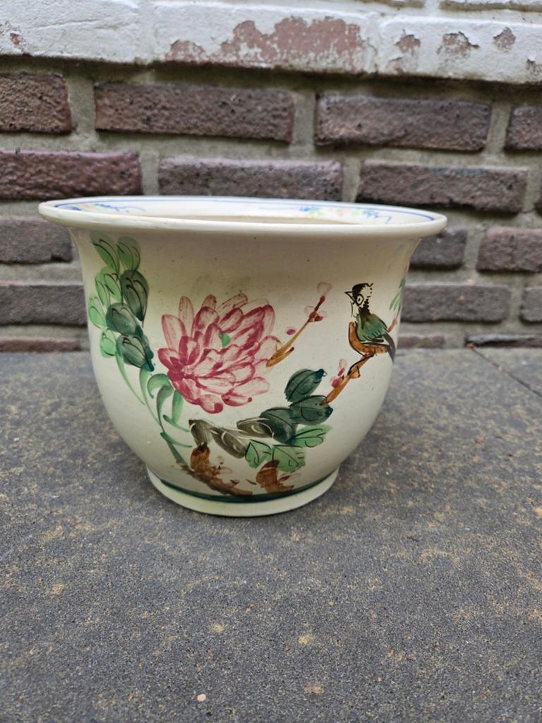 Vintage Chinese bloempot met handgeschilderde pioenrozen, Tuin en Terras, Bloempotten, Ophalen, Gebruikt, Rond, Minder dan 40 cm