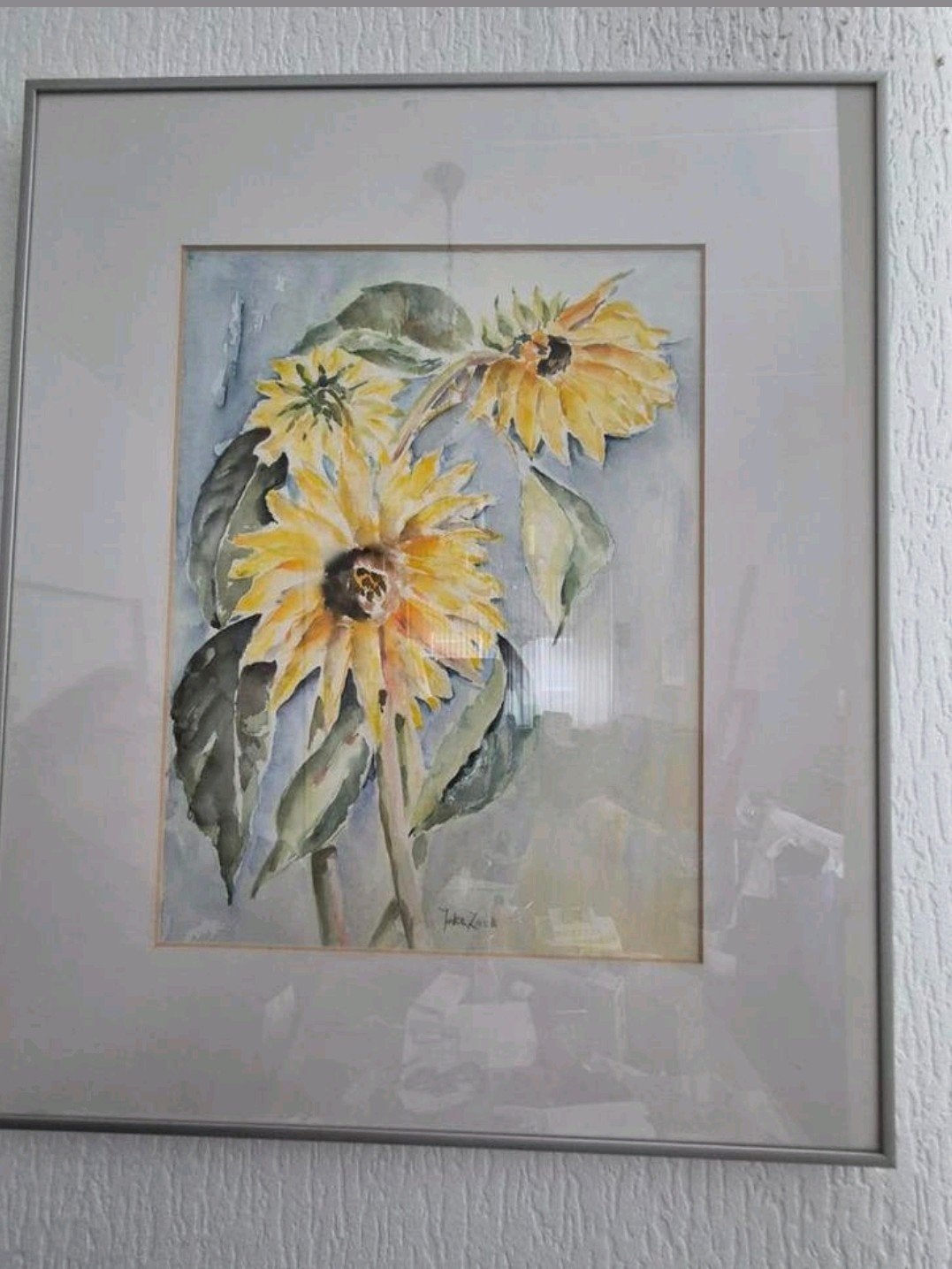 Schilderij Zonnebloemen - Aquarel gesigneerd Joke Zack, Ophalen of Verzenden, Ingelijst, Aquarel, Bloemen