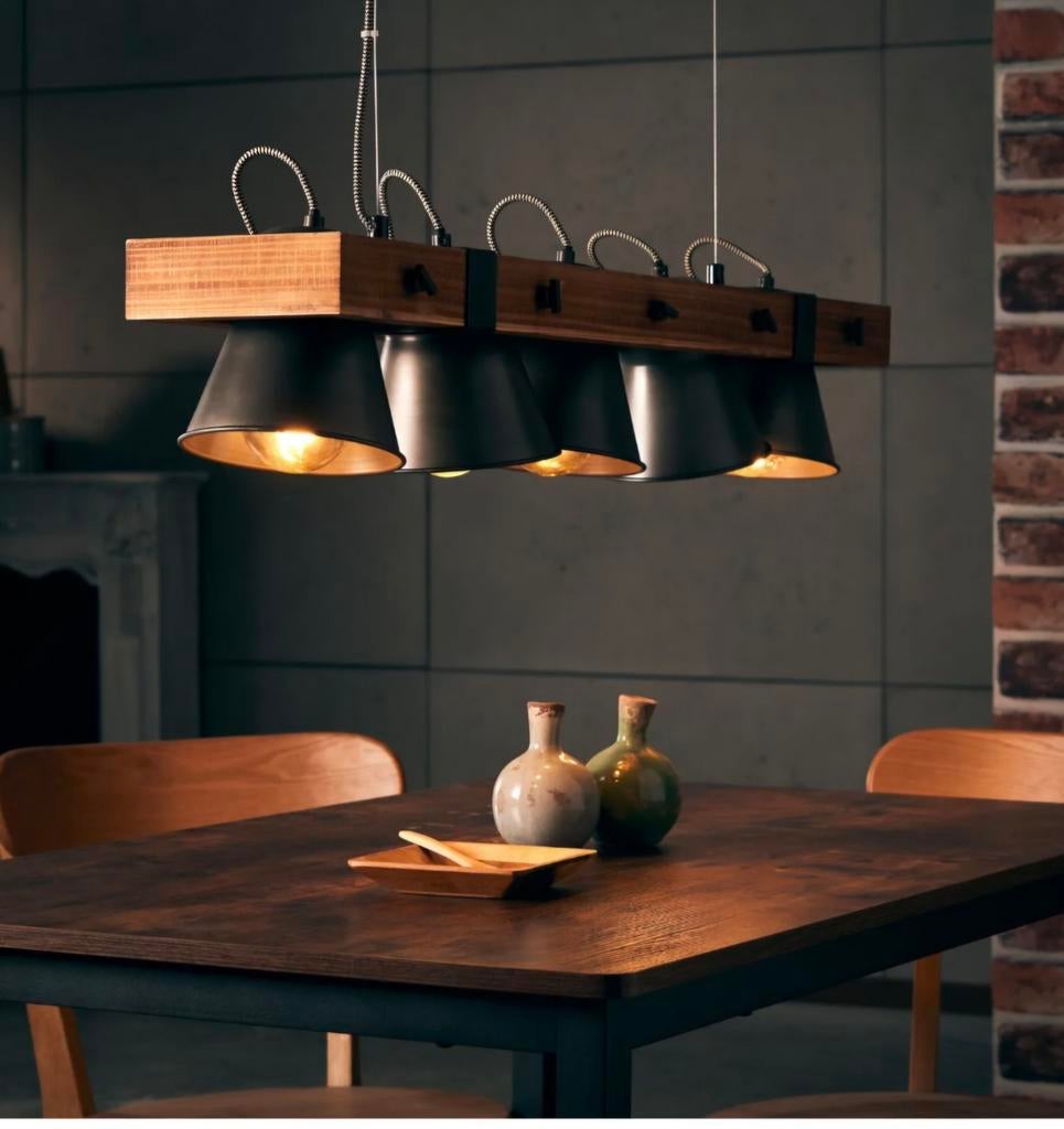 Industriele tafel hanglamp zwart hout, Ophalen of Verzenden, Zo goed als nieuw, Minder dan 50 cm, Industrieel