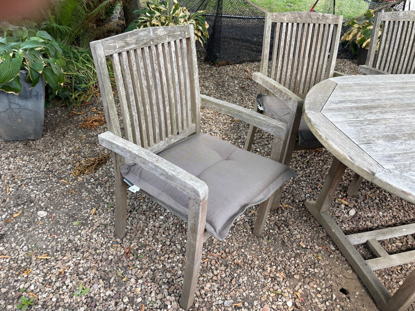 Teakhouten tuinset met uittrektafel, 4 stoelen en bank, Ophalen, Gebruikt, 6 zitplaatsen, Teakhout