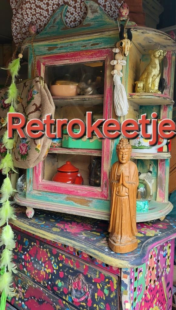 Bohemian brocante/Boho/Vitrinekastje/Kastje, Antiek en Kunst, Curiosa en Brocante, Ophalen of Verzenden