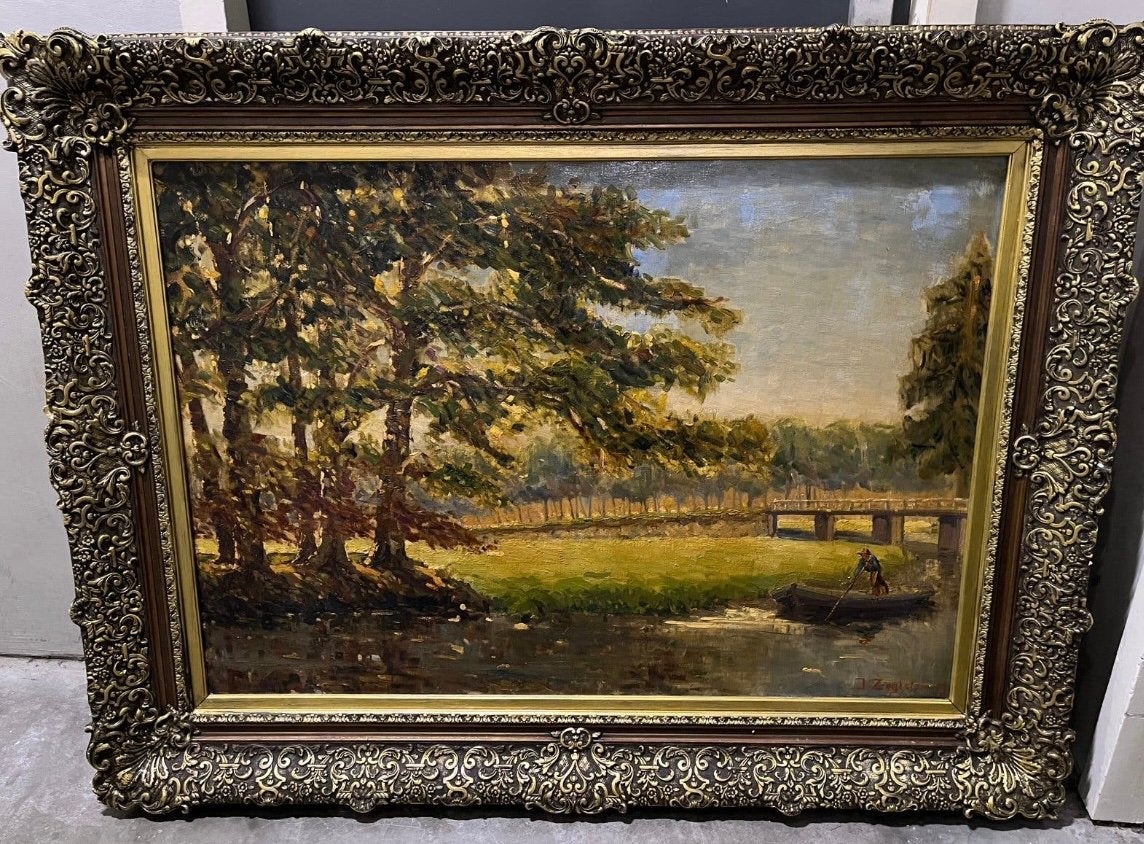 Antiek olieverf groot landschap schilderij, Ophalen