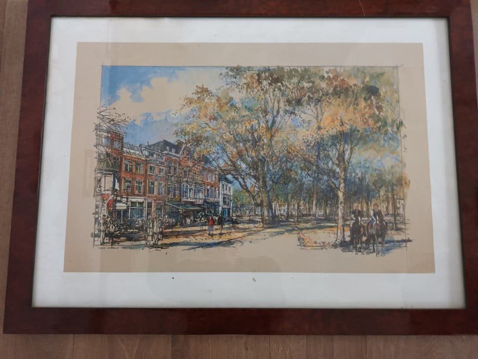 Korte Voorhout Den Haag met Café De Posthoorn, Ophalen, Realistisch, Aquarel, Ingelijst
