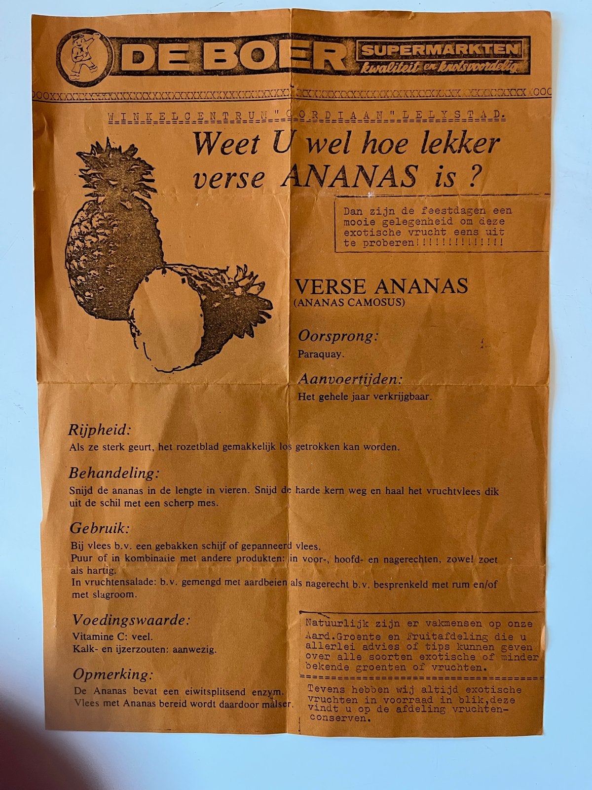 oude folder van De Boer Supermarkten uit Lelystad, Ophalen of Verzenden, 1960 tot 1980, Nederland, Knipsel(s)
