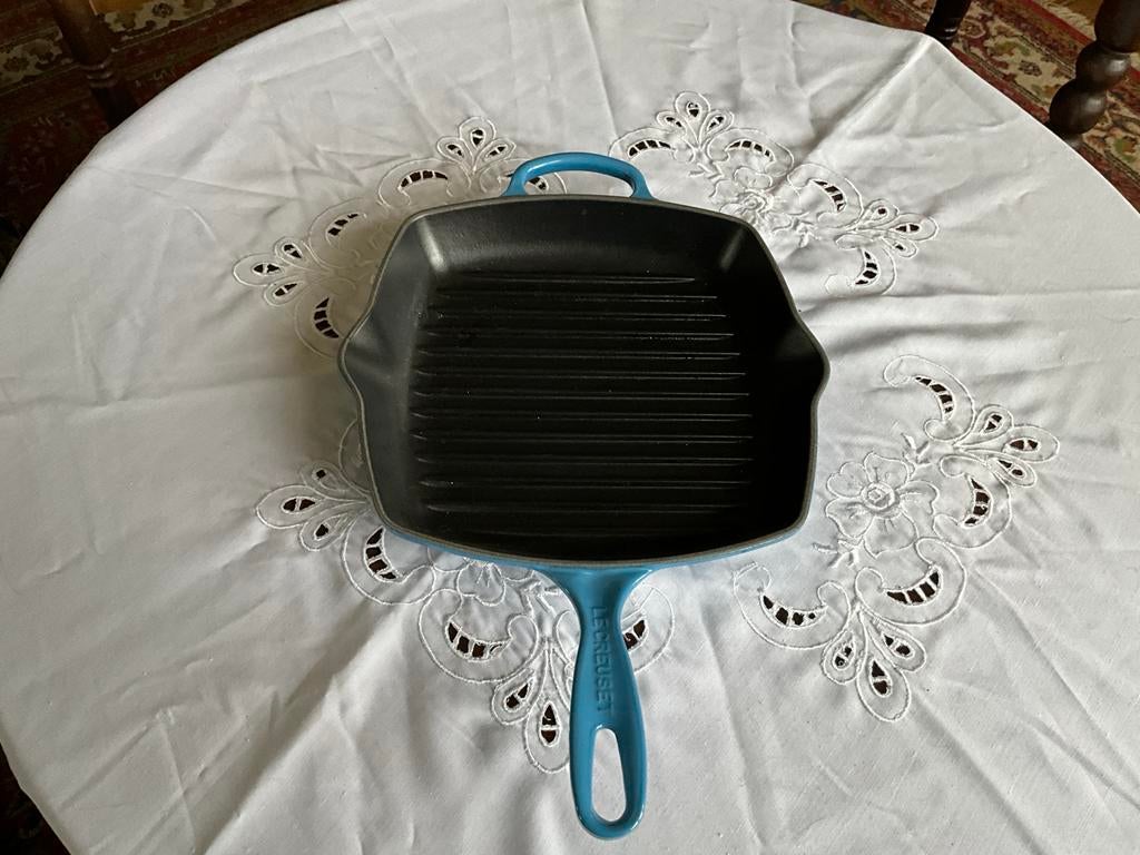 Le Creuset grillpan 26 cm azuurblauw, Ophalen of Verzenden, Gebruikt
