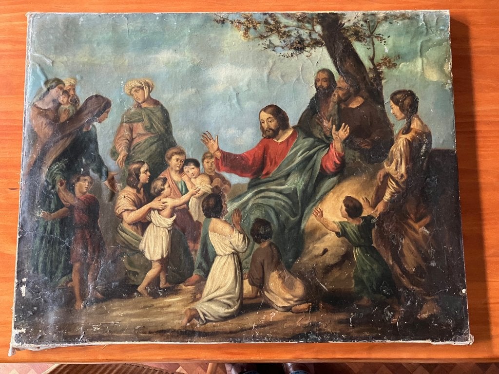 schilderij: "Jezus zegent de kinderen", Antiek en Kunst, Ophalen, Doek, Portret of Personen, Handgeschilderd
