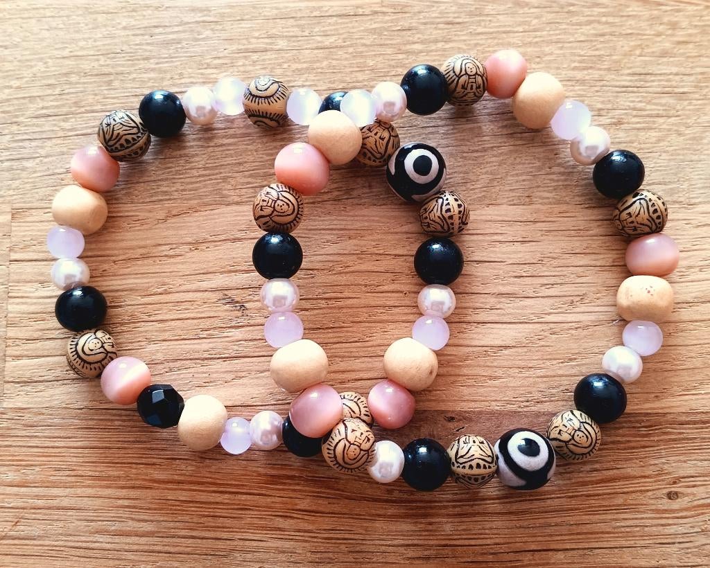 DD33 Armband roze cats eye, hout en dzi tibet eye kralen 8mm, Sieraden, Tassen en Uiterlijk, Overige materialen, Met bedels of kralen