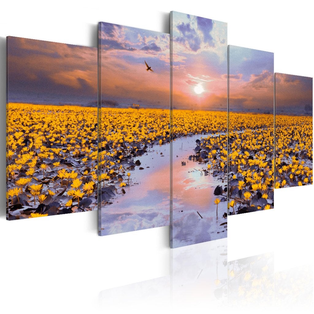 670 Geel Sunset 5 Luik Canvas Schilderij 200x100cm 2 maten, Ophalen of Verzenden