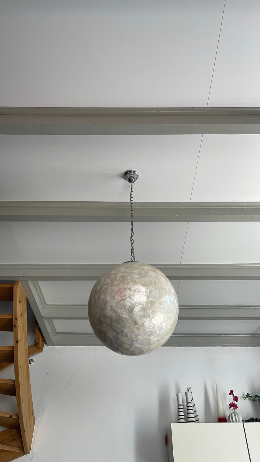 Hanglamp met capiz schelpen rond - Sfeervolle verlichting, Ophalen of Verzenden, Zo goed als nieuw, Natuurlijk materiaal, E27 (groot)