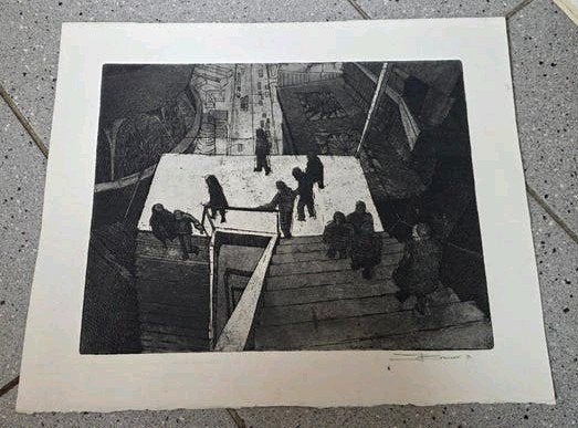 Gesigneerde Ets van Brouwer '79 - Abstracte Architectuur, Antiek en Kunst, Ophalen, Architectuur, Origineel, 1950 - 1999