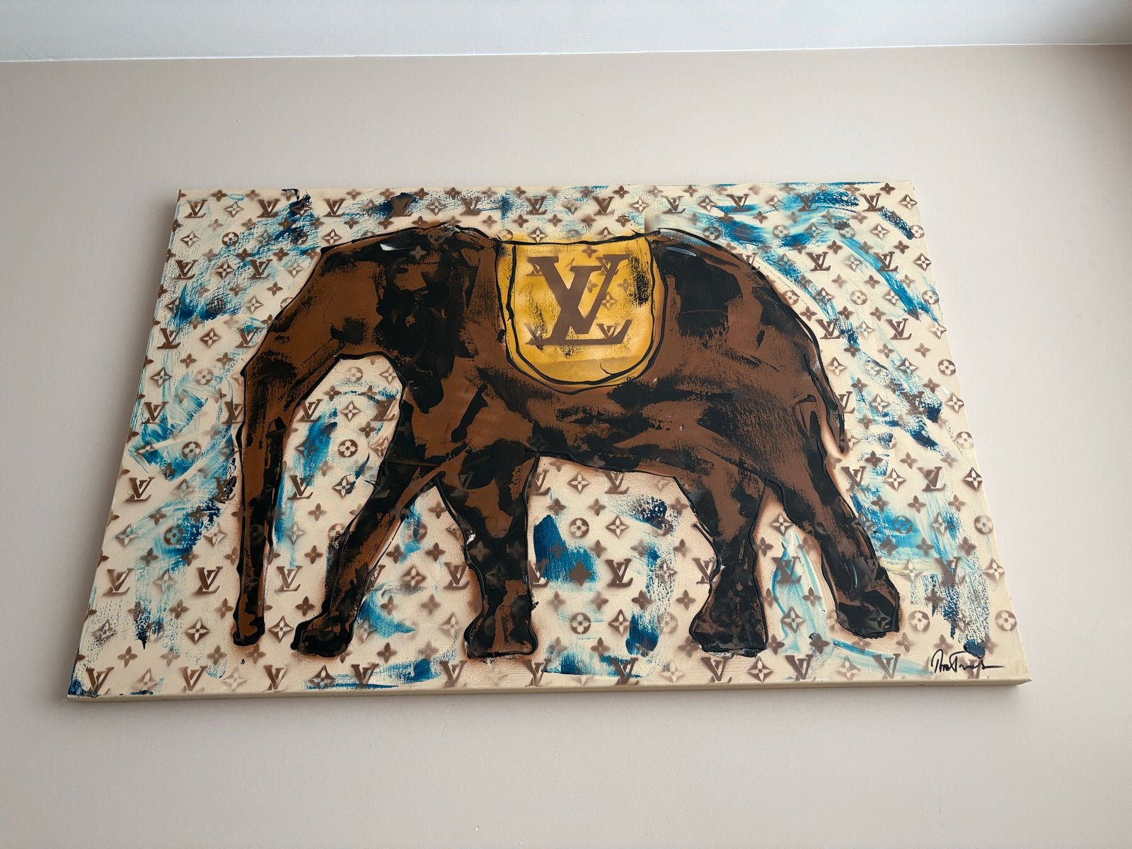 Rick Triest Schilderij LV Olifant 150x100 cm, Ophalen of Verzenden, Dieren, Textiel, Gesigneerd
