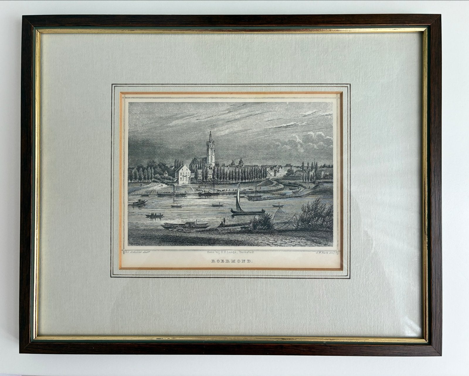Antieke Staalgravure Roermond (ca. 1850) - Ingelijst, Antiek en Kunst, Ingelijst, 1800 - 1899, Stadsgezicht, Ophalen of Verzenden