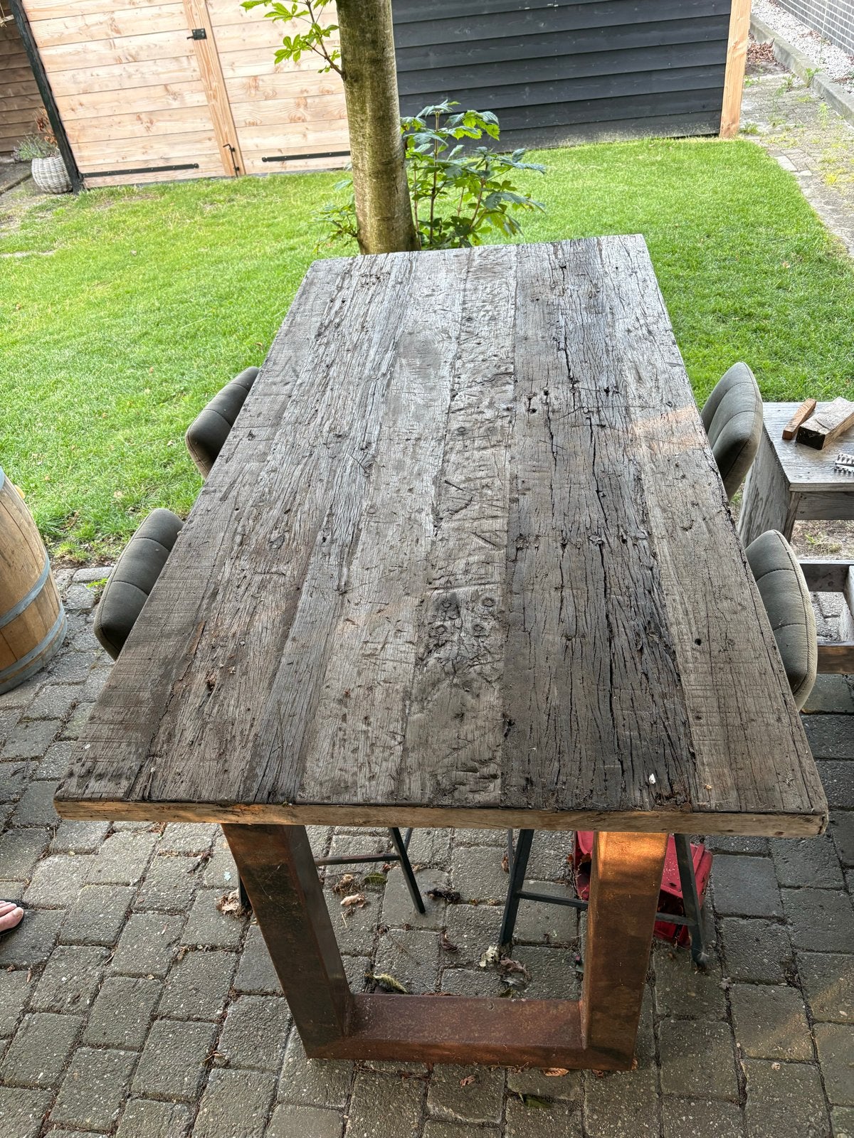 Industriële Bar Tafel met Robuust Houten Blad (200x100x110cm, Ophalen, Gebruikt, Rechthoekig, Hout