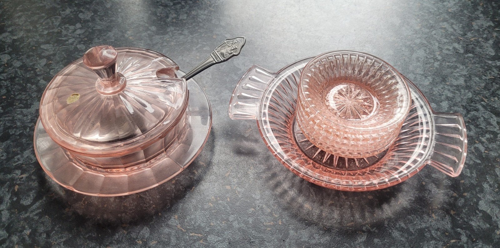 Vintage Persglazen Suikerpot en nootjesset, roze uitvoering, Ophalen of Verzenden
