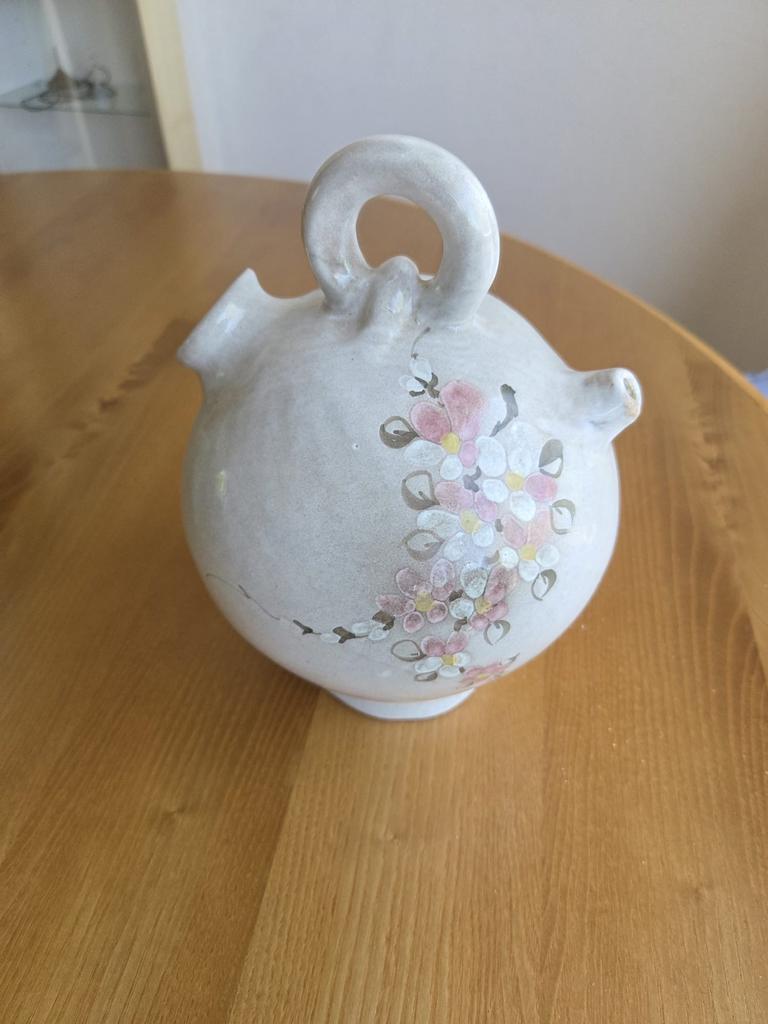 Vintage Art Keramiek Vaas Handbeschilderd Bloemen, Antiek en Kunst, Ophalen of Verzenden