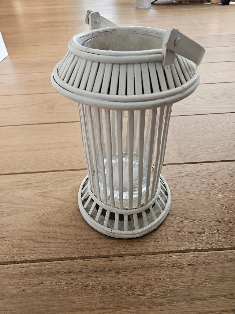 Witte ronde rieten kandelaar en glas, Gebruikt, Wit, Ophalen of Verzenden, Glas