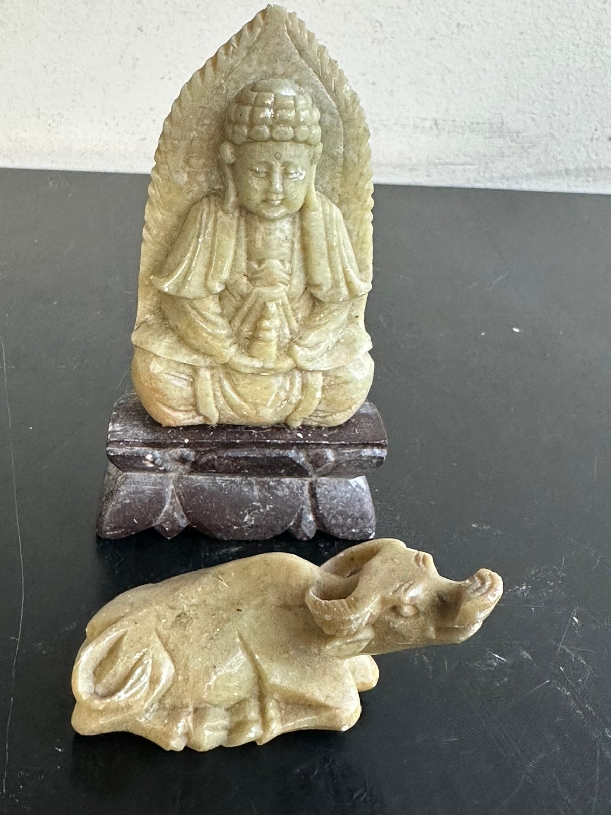 Oud chinees speksteen Boeddha + Buffel 1 koop 3/9.5 cm, Ophalen of Verzenden
