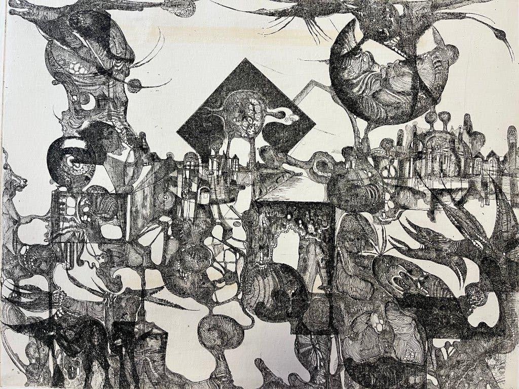 oude zeefdruk surrealisme, Met passe-partout, Verzenden, Personages en Fantasiefiguren, Zeefdruk