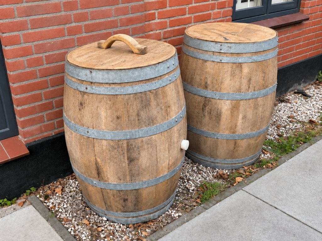 2 eikenhouten wijnvaten / regentonnen - 95 cm hoog, Tuin en Terras, 150 liter of meer, Ophalen, Gebruikt, Hout