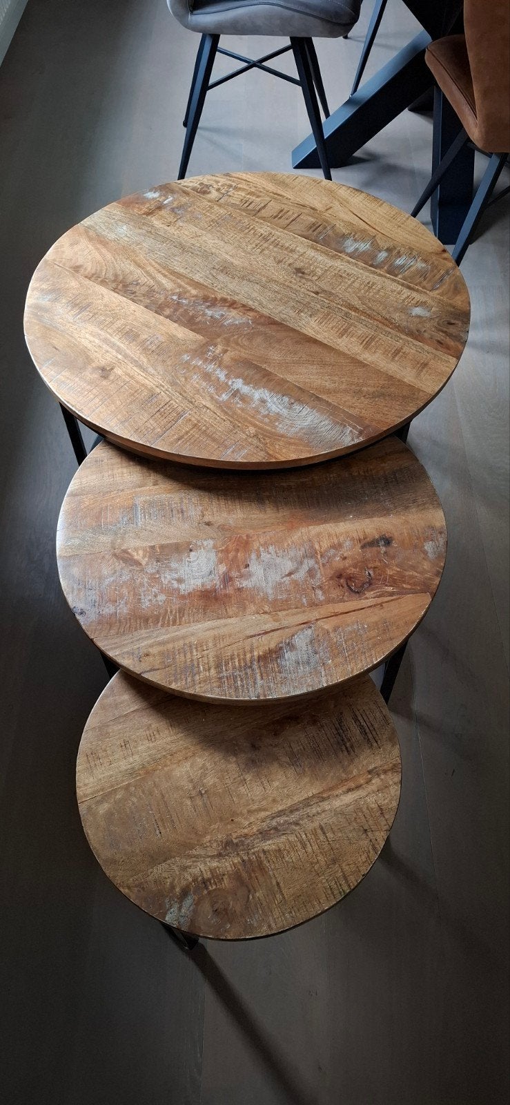 Set van 3 ronde salontafels, mangohout en metaal, Ophalen, 50 tot 100 cm, Rond, 50 tot 100 cm