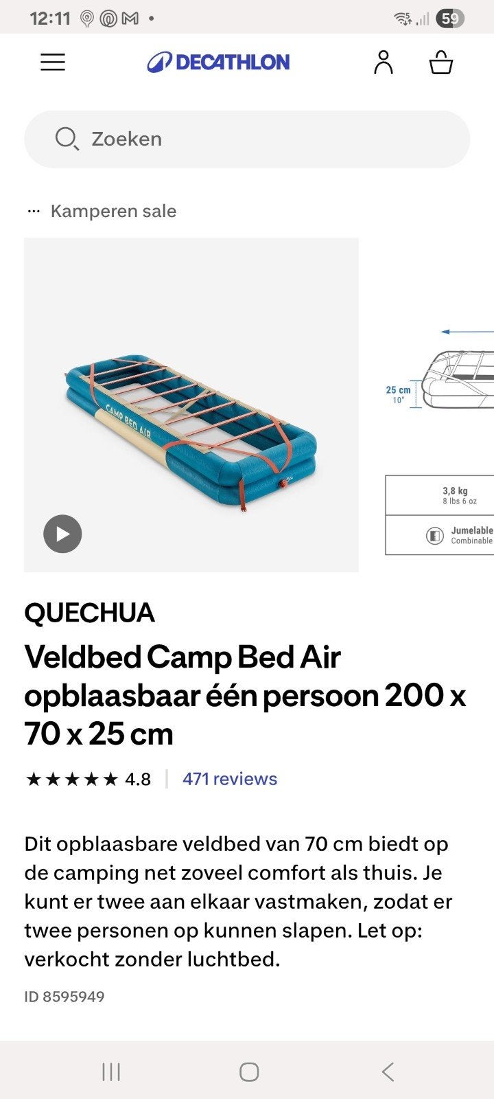 Opblaasbaar veldbed Decathlon, Caravans en Kamperen, Verzenden