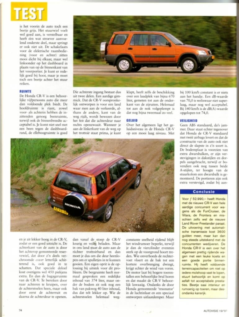 Autovisie test Honda CR-V Automaat September 1997, Ophalen of Verzenden, Gelezen, Honda