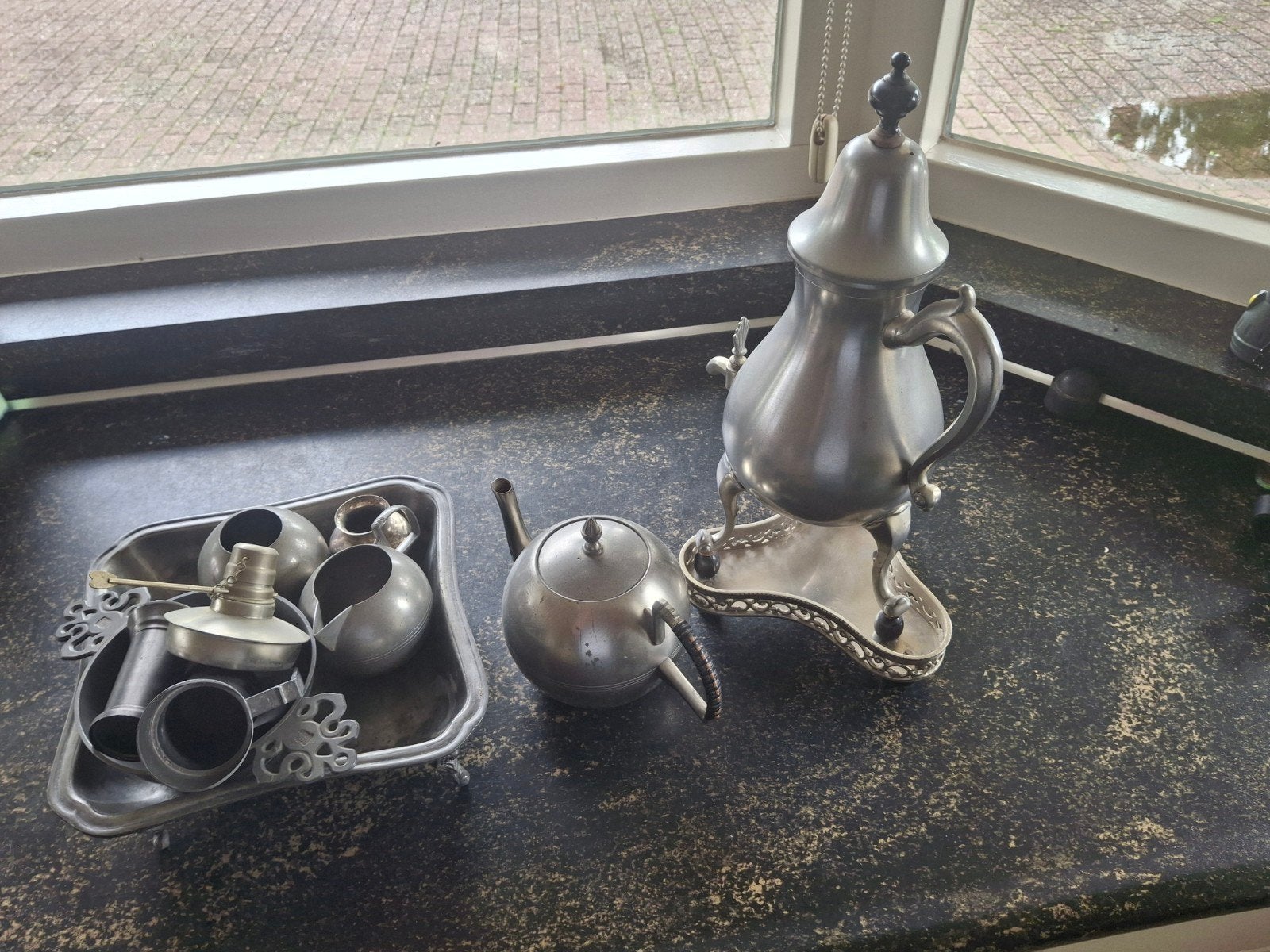 Antieke tinnen theeservies en koffiekan, Antiek en Kunst, Ophalen of Verzenden