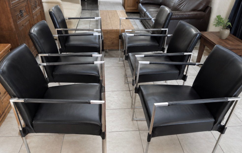 6 prachtige eetkamerstoelen  zwart leer, Ophalen, Gebruikt