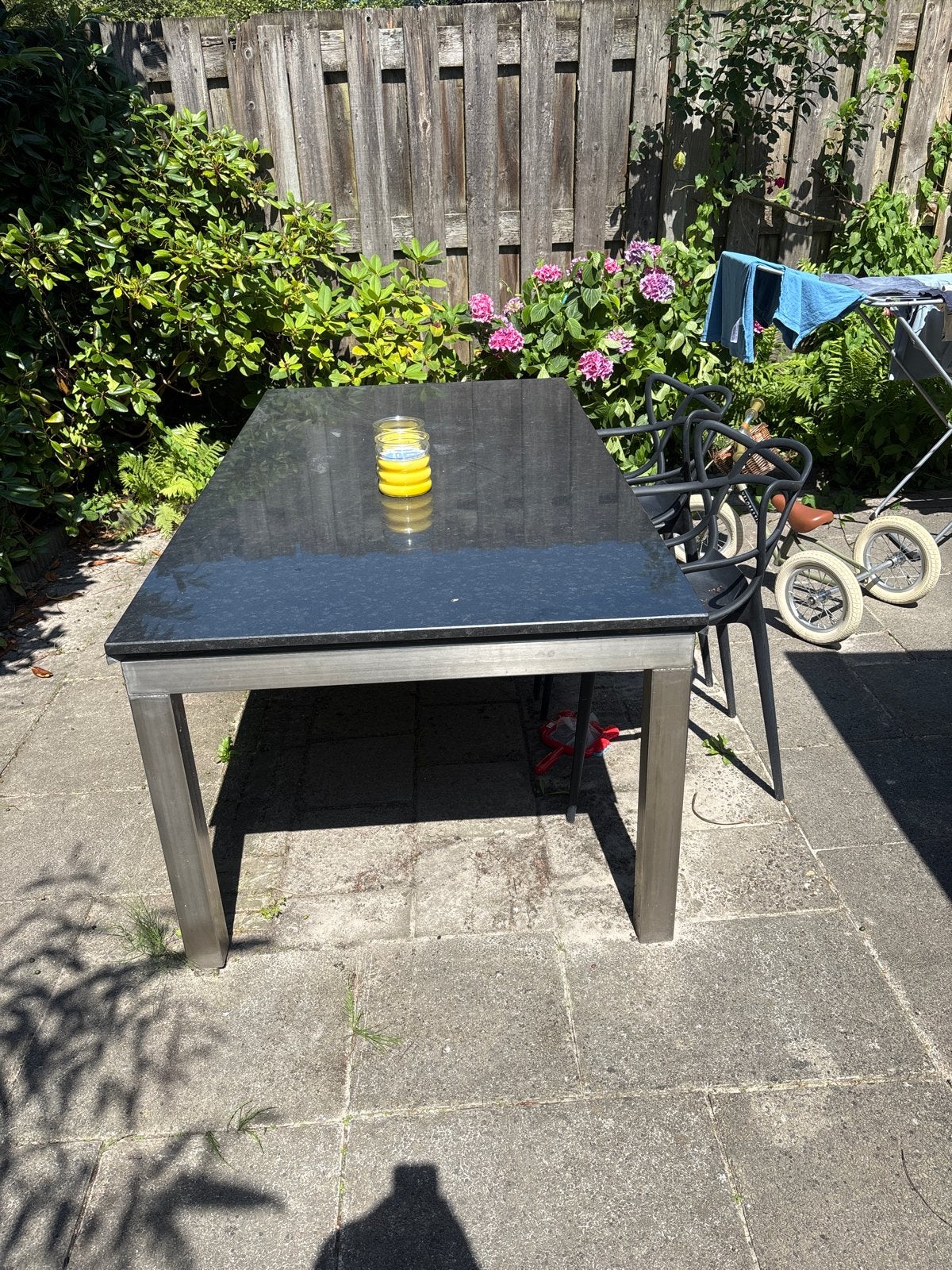 Granieten tuintafel met aluminium onderstel (186x100cm), Tuin en Terras, Tuintafels, Ophalen, Gebruikt, Rechthoekig, Aluminium