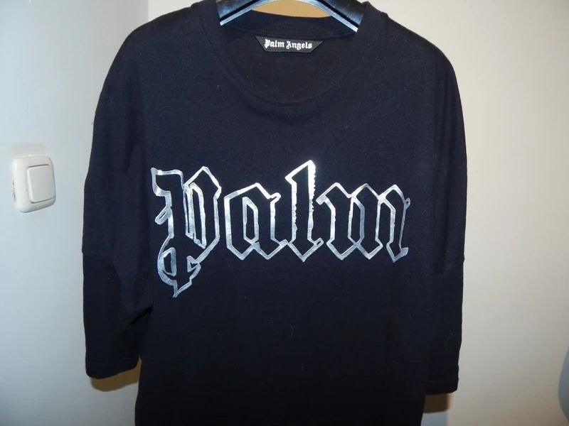 Palm Angels zwart shirt zilveren merk opdruk Als Nieuw XL, Palm Angels, Verzenden, Zwart, Maat 56/58 (XL)