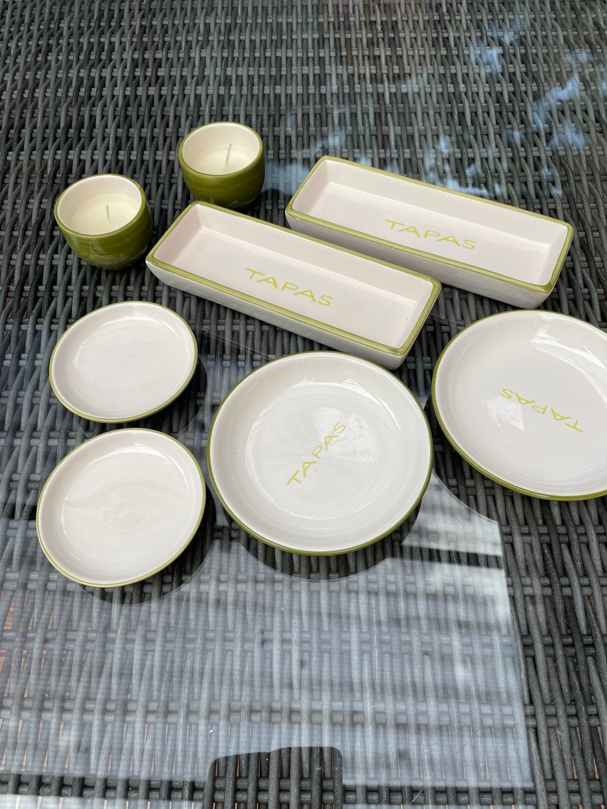 Tapas servies set - wit met groen, Gebruikt, Overige merken, Keramiek, Ophalen of Verzenden