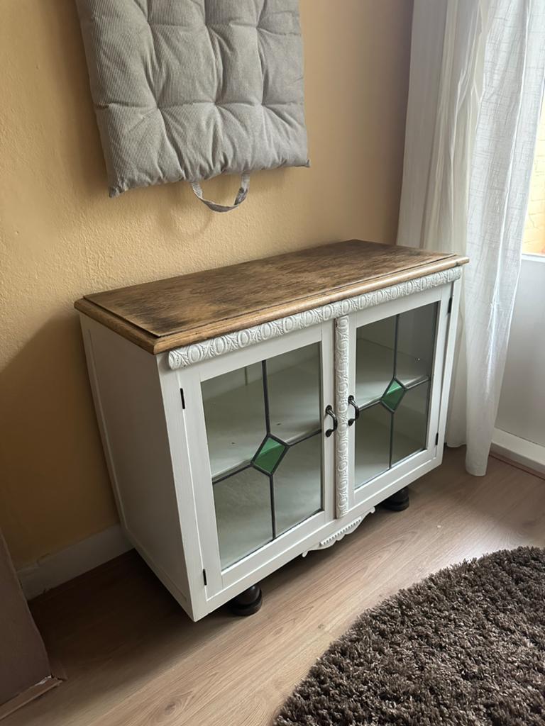 Brocante tv meubel / kastje met glas in lood, Ophalen, Gebruikt, 50 tot 100 cm, Glas