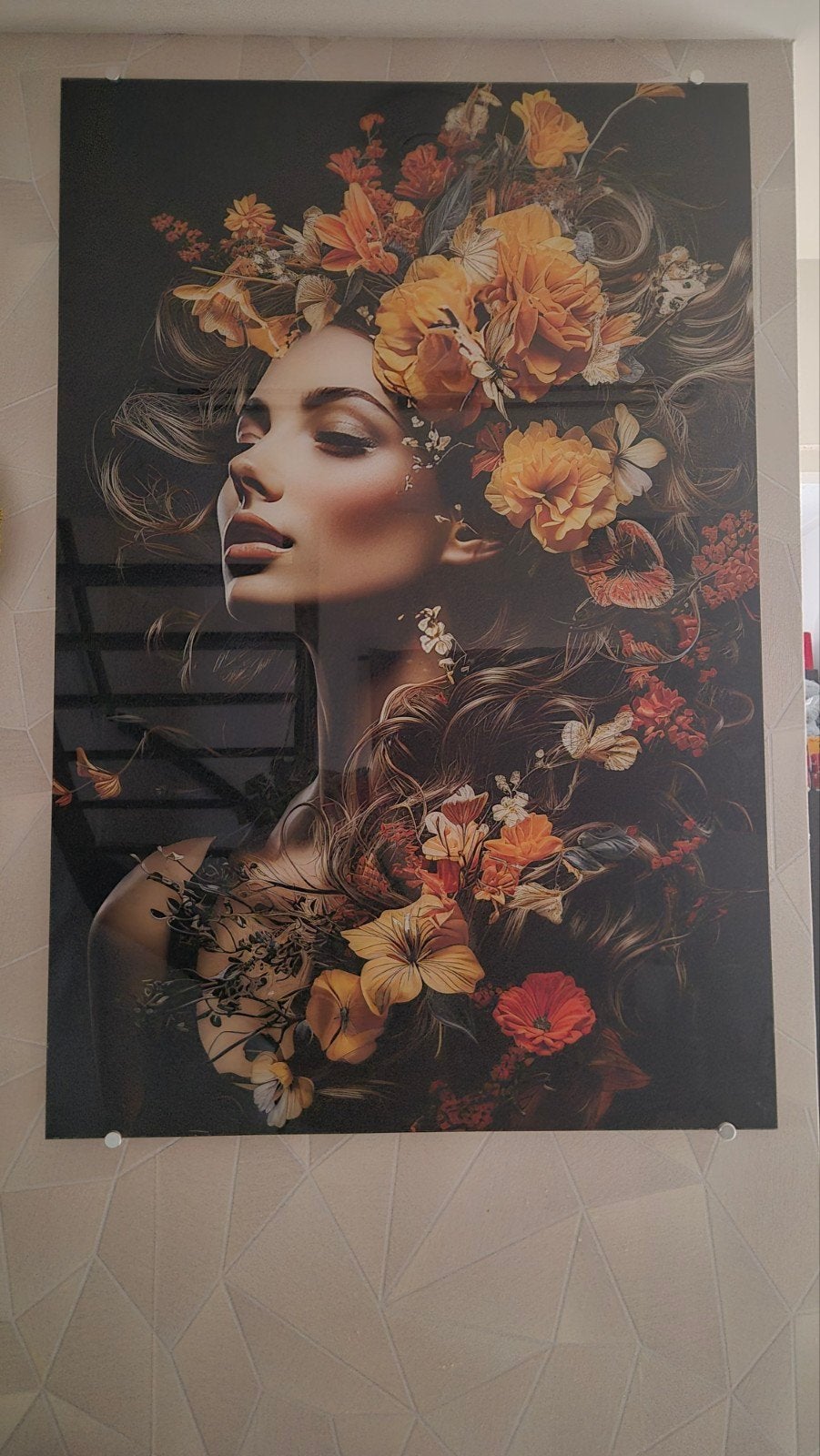 Schilderij vrouw met bloemen - Acrylglas 80x120 cm, Huis en Inrichting, Ophalen, Gebruikt, Schilderij, 75 tot 100 cm