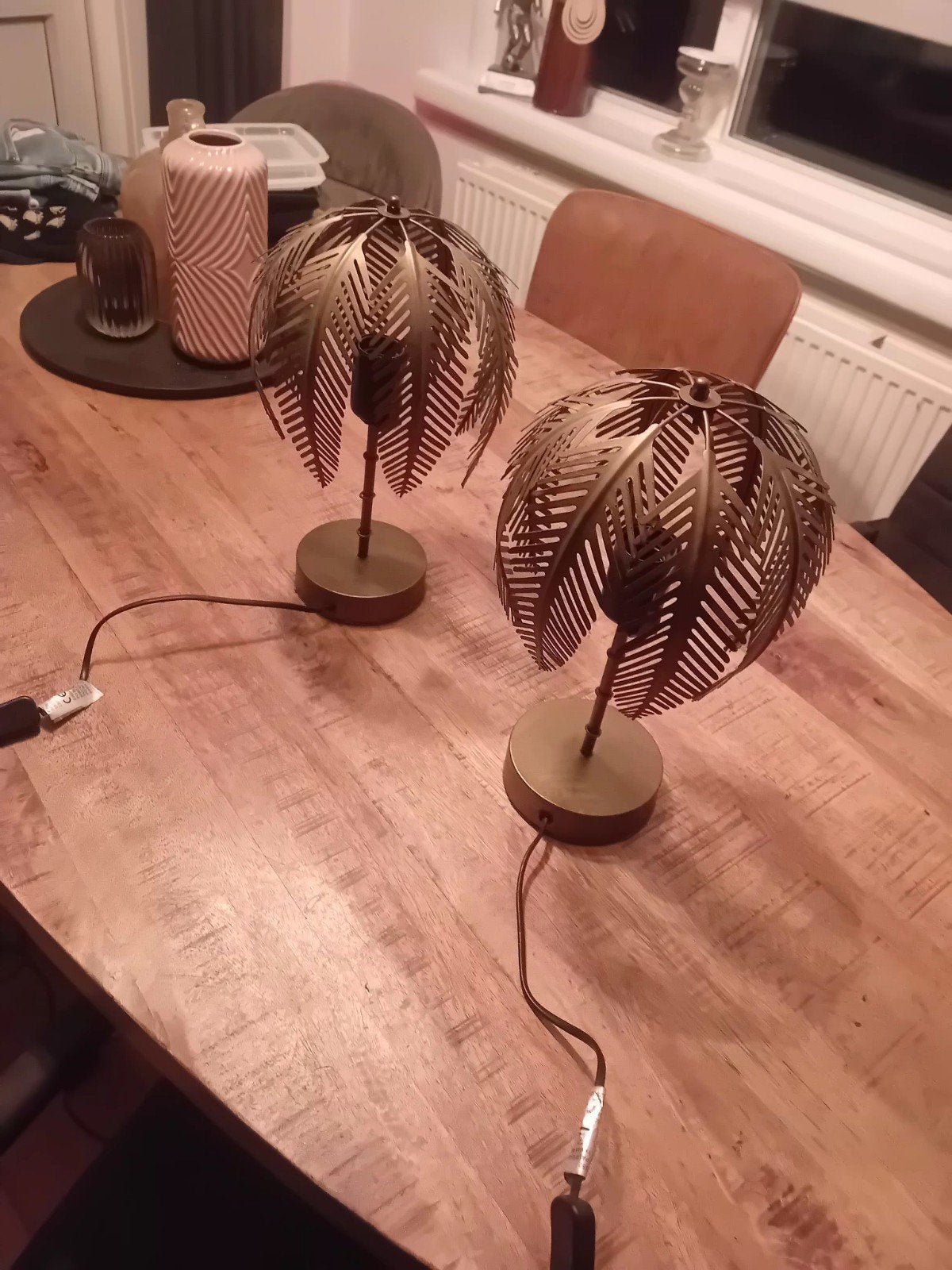 Set van 2 palmboom tafellampen - 35 cm hoog, Ophalen, Gebruikt, Goud, Sfeerlamp