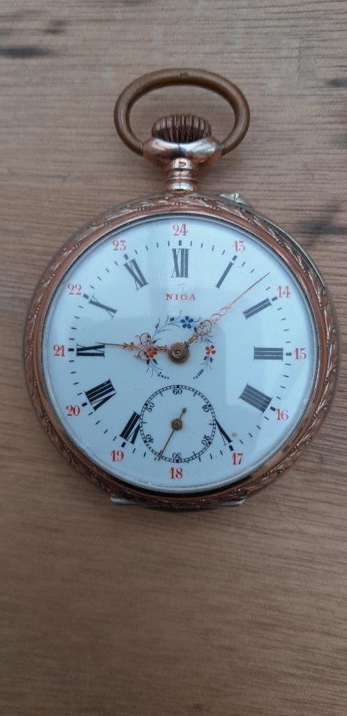 Mooi bewerkte zakhorloge Niga met bloemen.Stempel 0.800., Antiek en Kunst, Ophalen of Verzenden