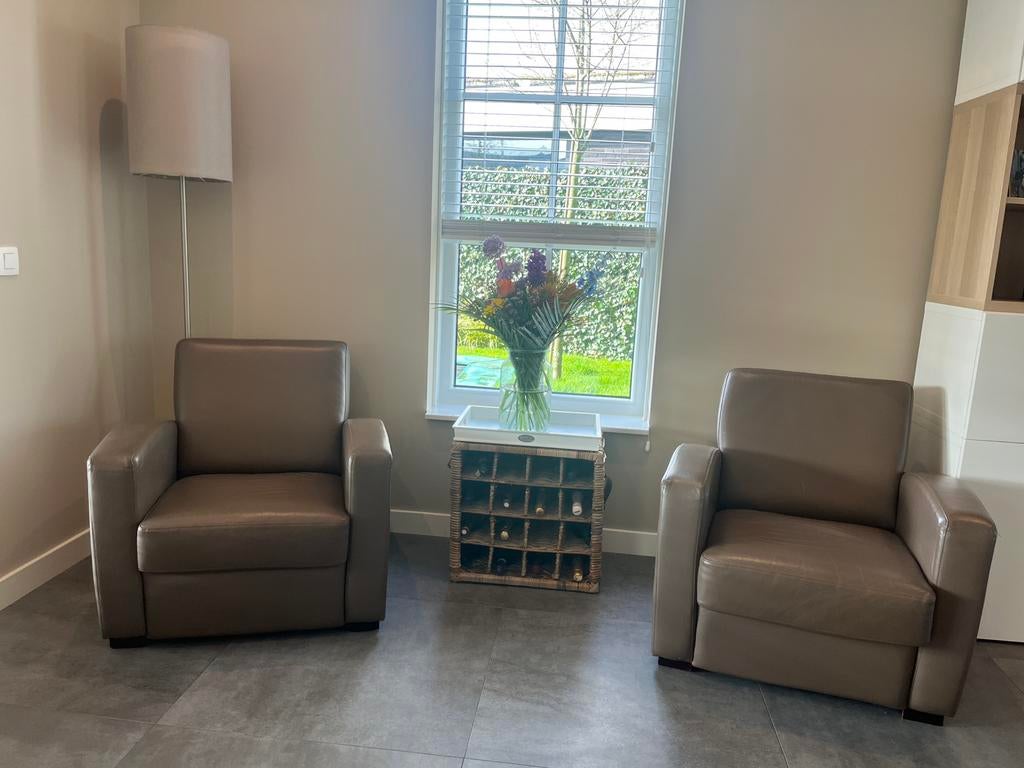 2 Leren Fauteuils + Wijnkast + Dienblad – Mooie set, Ophalen of Verzenden, Gebruikt, Leer