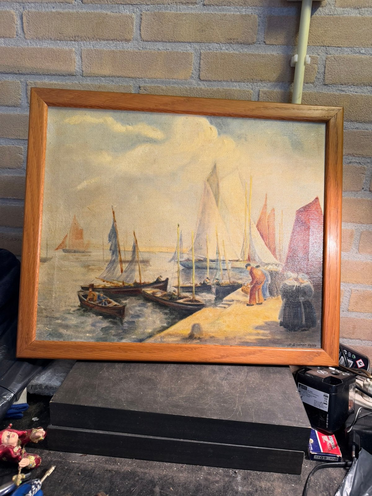 Schilderij Volendamse haven, olieverf op doek, gesigneerd, Ophalen, Maritiem / water, Doek, Realistisch