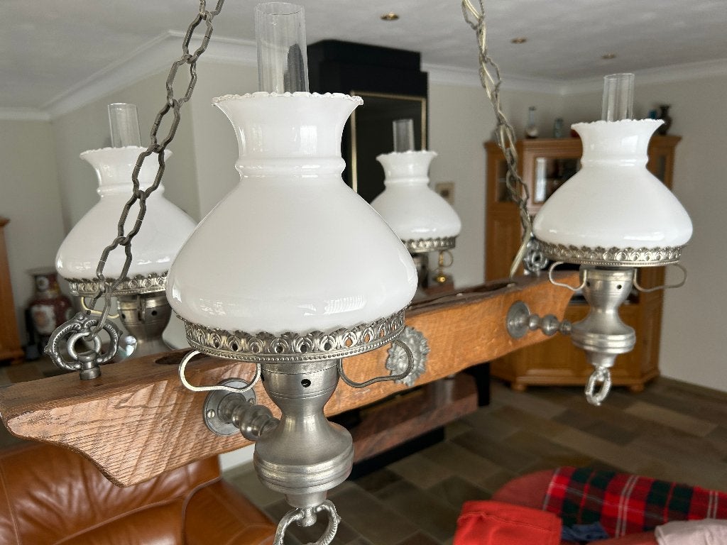 Tinnen Hanglamp. Luchter z.g.a.n.handgemaakt .4 lampen 1709, Huis en Inrichting, Ophalen, Zo goed als nieuw, Glas, Klassiek -Modern