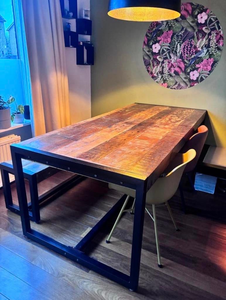 Robuuste industriele eettafel met bankje, Ophalen, Gebruikt, 200 cm of meer, 50 tot 100 cm