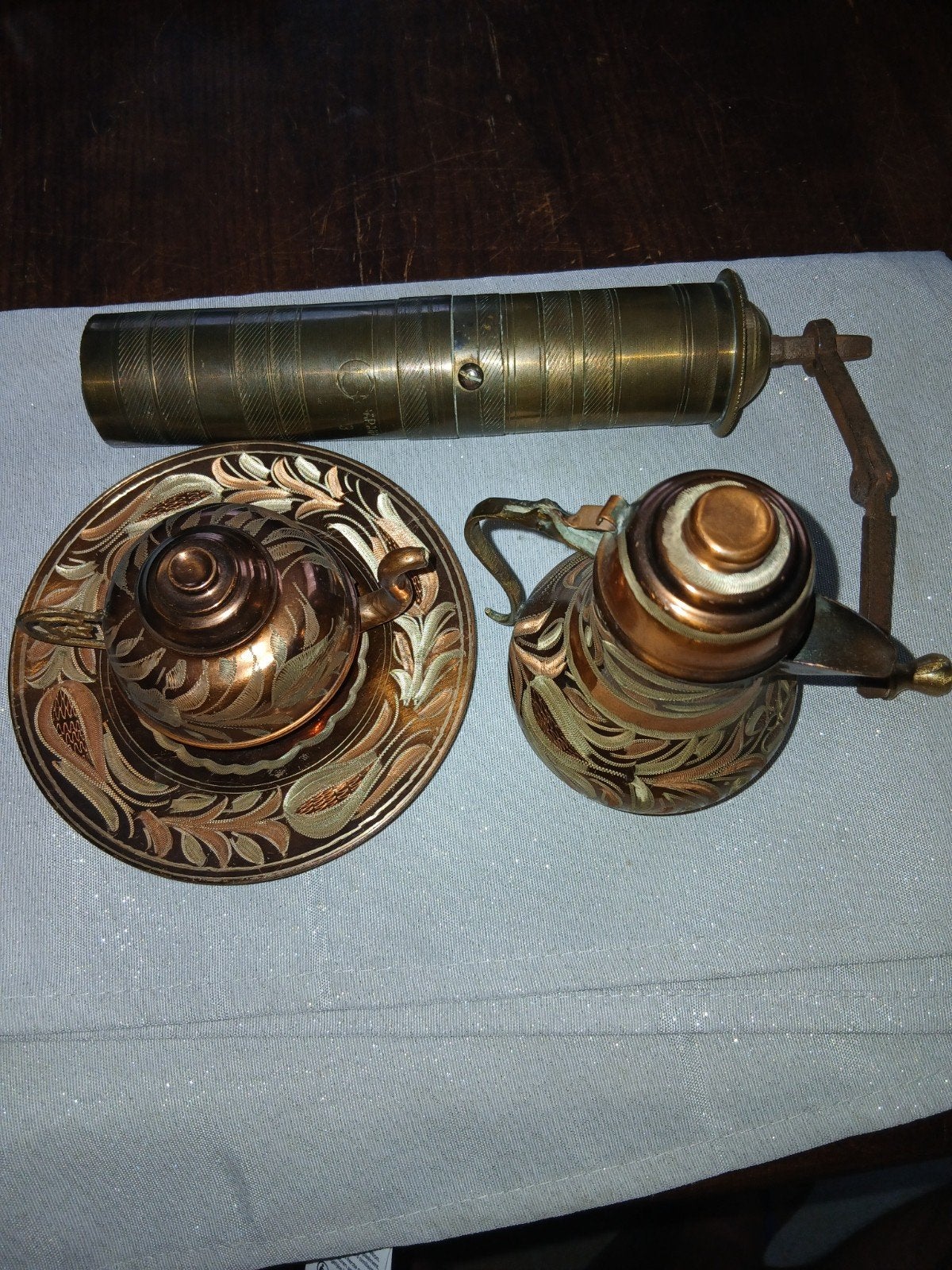Antieke koperen koffie- en theeset met molen, Ophalen of Verzenden, Koper