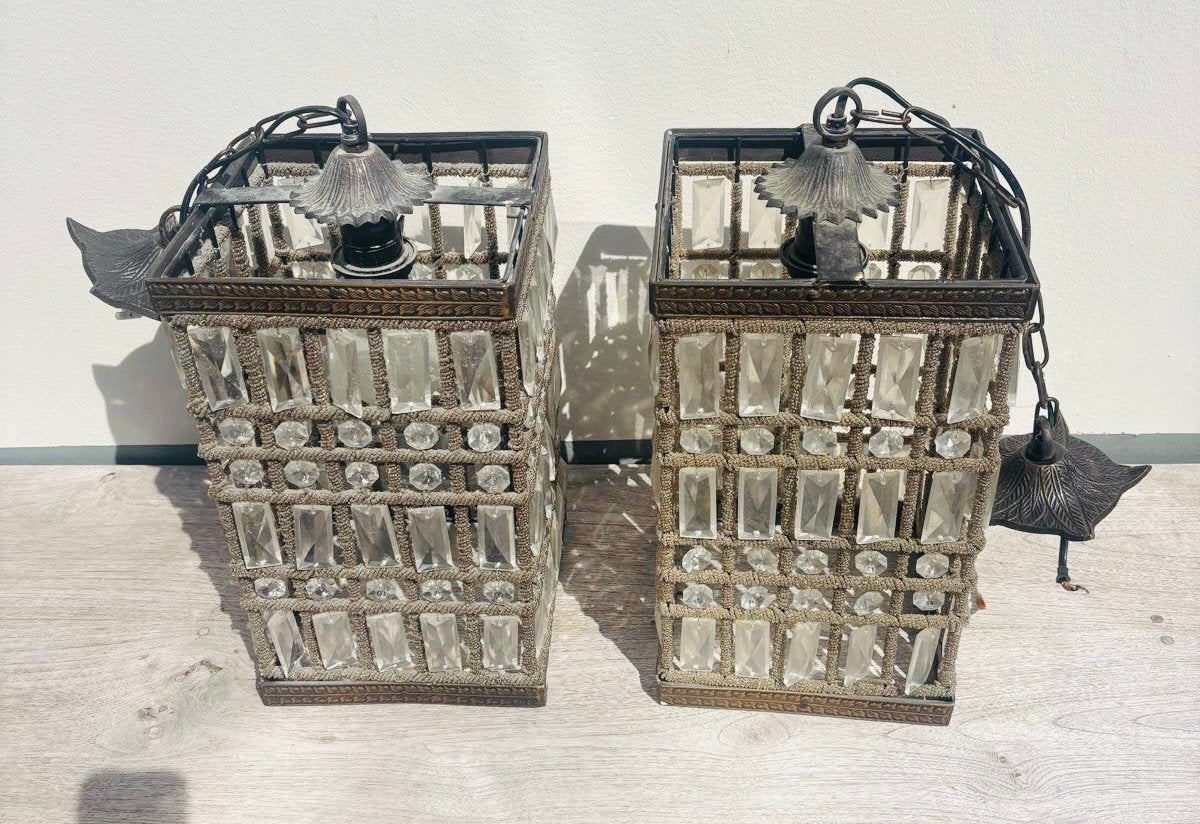 Set van 2 Vintage Hollywood Regency Kristallen Hanglampen, Ophalen, Gebruikt, Glas