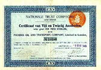 Phoenix oil and transport, Postzegels en Munten, Aandelen en Waardepapieren, Ophalen of Verzenden, 1920 tot 1950, Aandeel