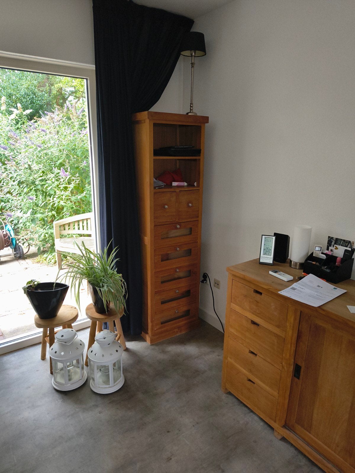 Mooie teakhouten kast met lades - 185x50x40 cm, Huis en Inrichting, Ophalen, Met plank(en), Minder dan 50 cm, Gebruikt