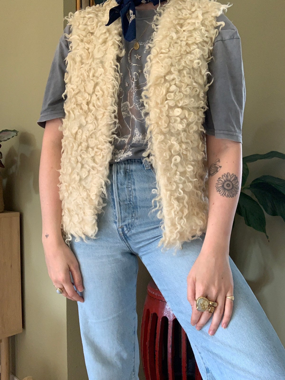 Vintage schapenwol gilet S M bohemain waistcoat, Maat 38/40 (M), -, Beige, -