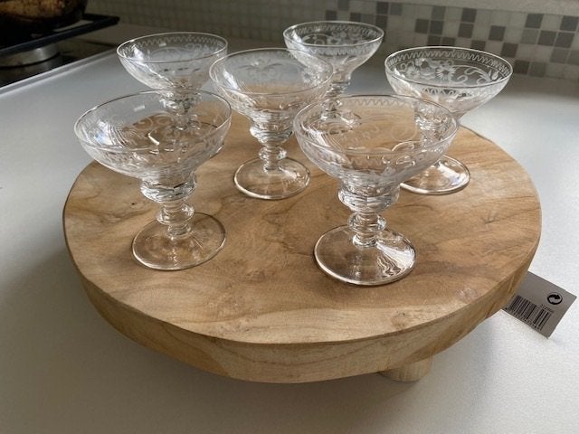 Set van 6 Vintage Champagne Coupes - Gegraveerd Glas, Antiek en Kunst, Ophalen of Verzenden